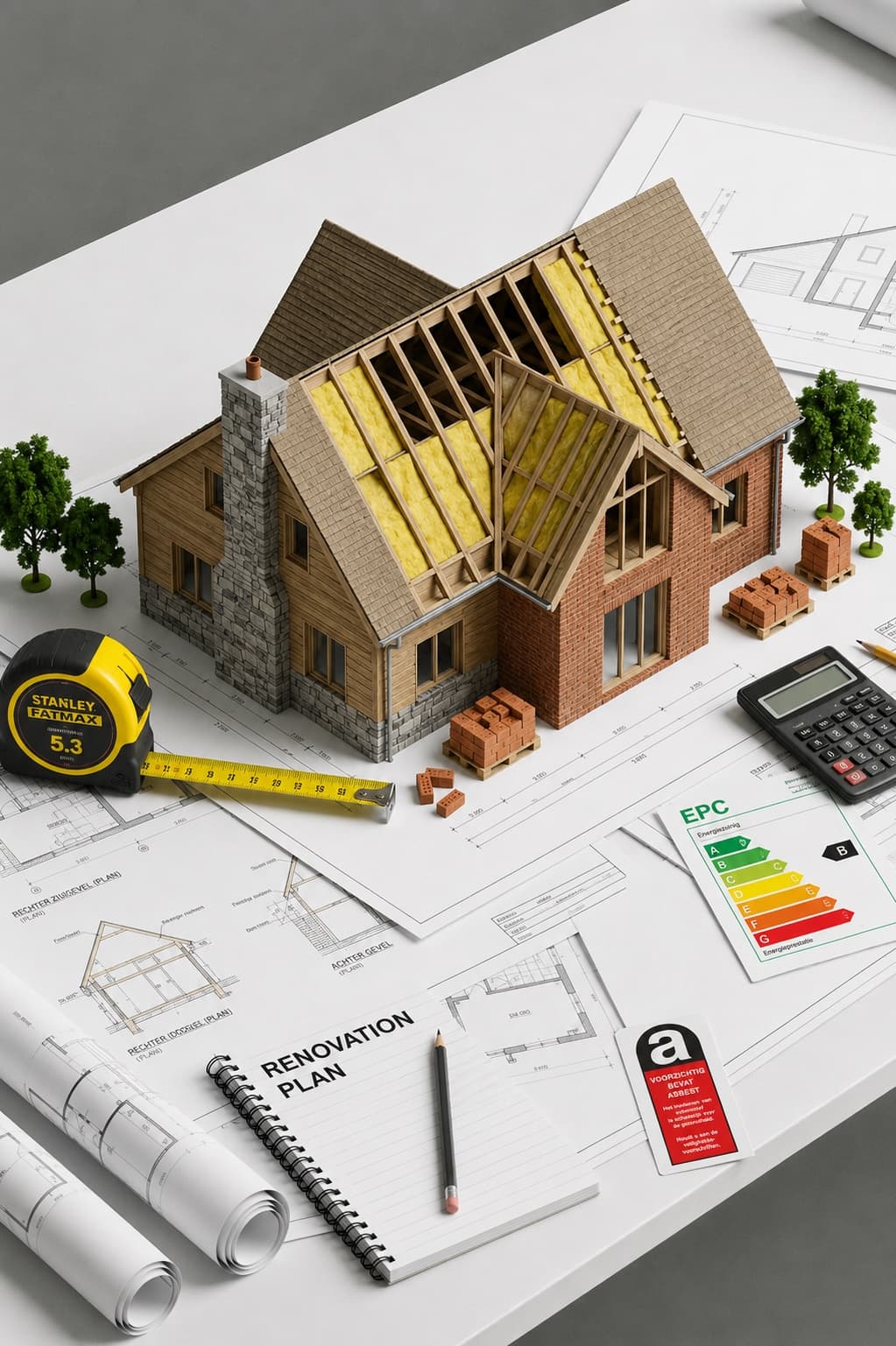 Maison belge en cours de rénovation avec étiquette énergétique PEB, attestation amiante et calculatrice — un point de départ typique de chantier en une image.